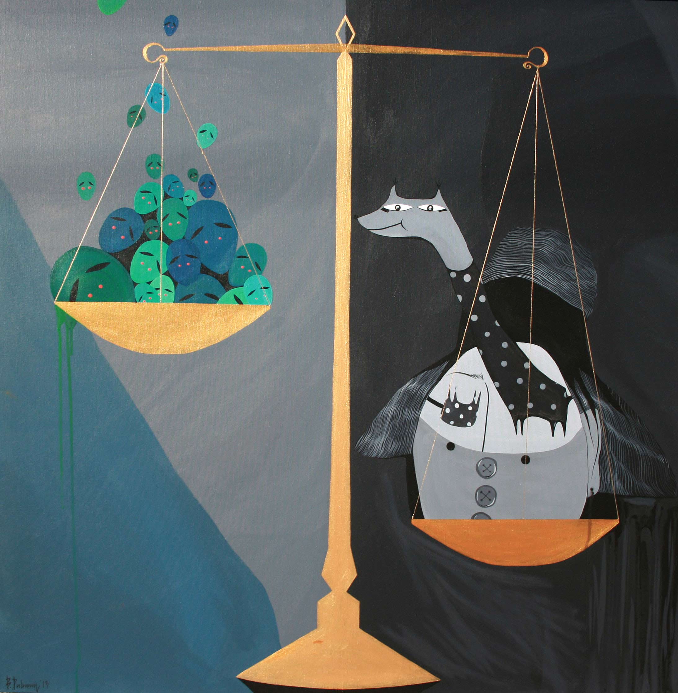 دولغون – أكريليك على قماشة رسم 100x100 – رسم يشير إلى النسبية.  العنوان : الميزان